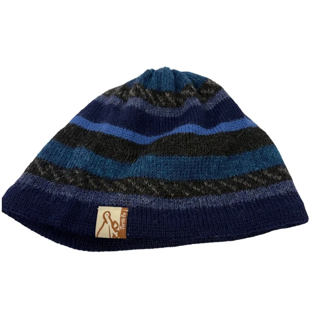 Turtle Fur Alpaca Wool Beanie Striped Fleece Lined Blue Grey Skull Cap Adult
